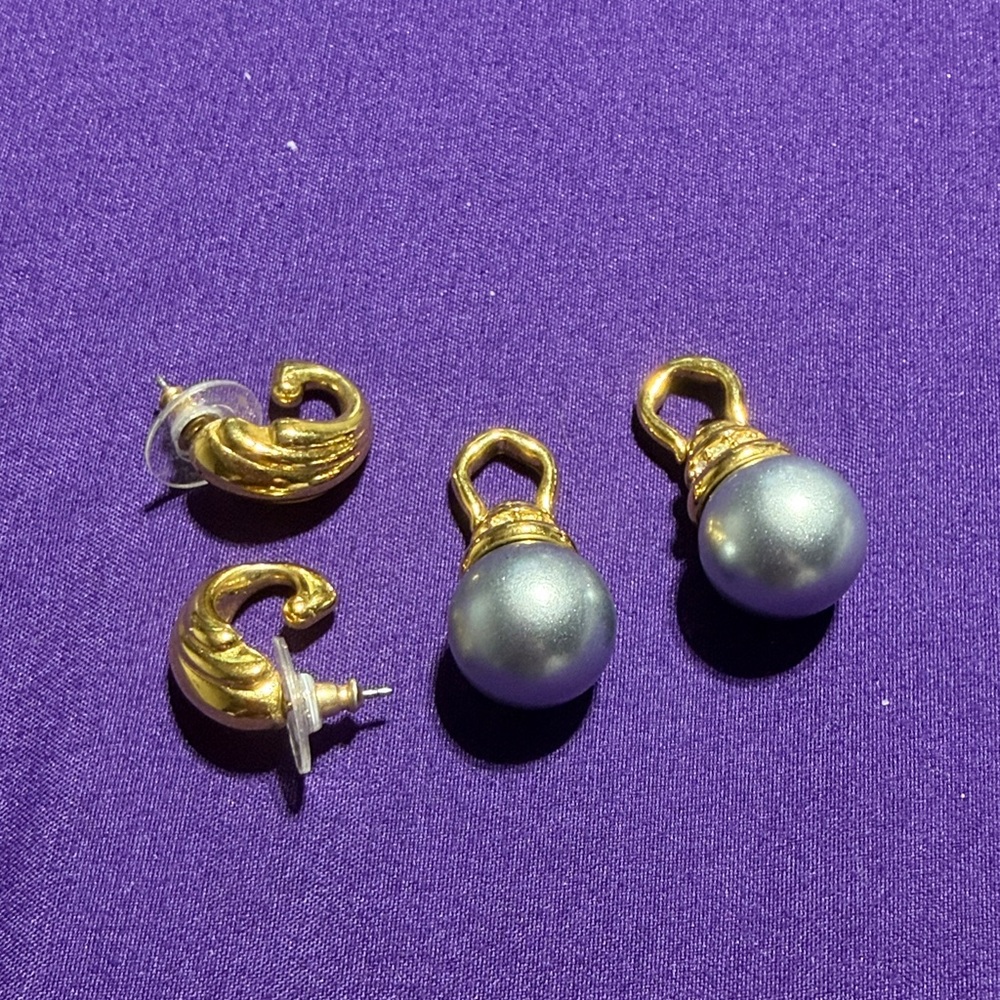 Nolan Miller Goldtone Gray Faux Pearl Rhinestone Earrings (1)